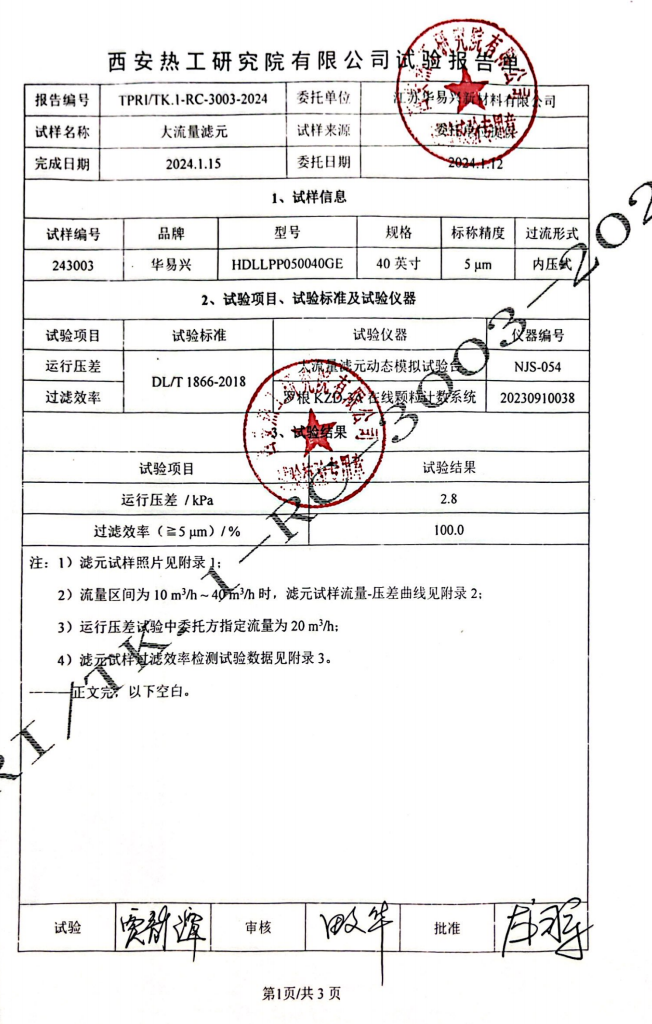 华易兴大流量滤芯检测报告